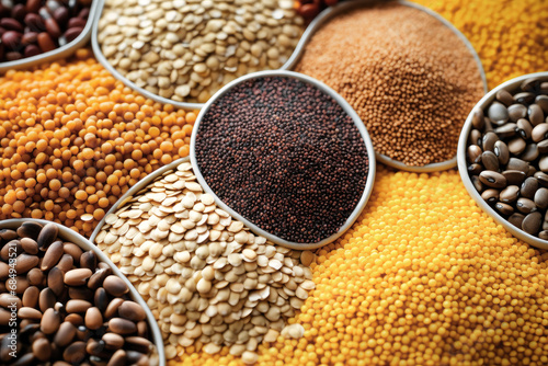 Assorted different types of beans and cereals grains. Set of indispensable sources of protein for a healthy lifestyle. Quality food. Healthy eating concept. © Anoo