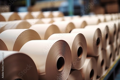 Large rolls of paper at a paper and cardboard production plant. Finished products. Rolls of paper for further processing. photo