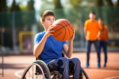 A disabled man in a wheelchair throws a basketball into a basket. Sports for people with disabilities. Active lifestyle.