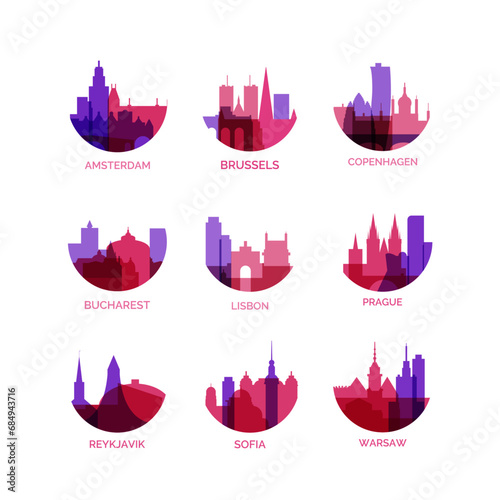 European capital cities logo and icon set. Vector graphic collection for Amsterdam, Brussels, Copenhagen, Bucharest, Lisbon, Prague, Reykjavik, Sofia, Warsaw