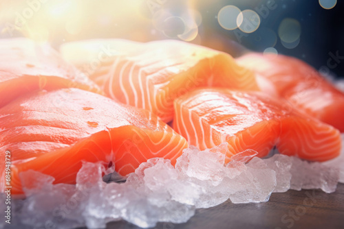 Chilled salmon fillet with herbs close-up. Fresh diet fish advertising concept.