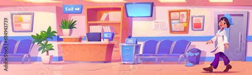 Female doctor walking hospital lobby. Vector cartoon illustration of nurse character smiling, clinic reception desk with computer, chairs and tv in waiting room, folders with medical records on shelf
