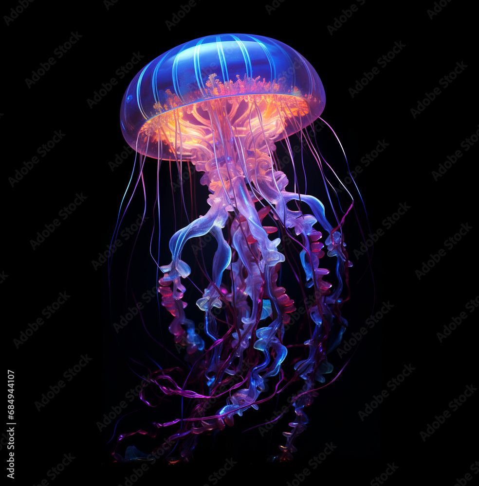 Fototapeta premium Glowing jellyfish swim deep in blue sea, neon jellyfish fantasy on black background