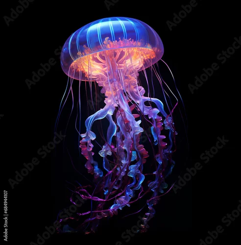Obraz Glowing jellyfish swim deep in blue sea, neon jellyfish fantasy on black background