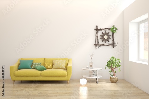 Modern minimalist interior with sofa on empty white color wall background. Interior mockup. Scandinavian interior design. 3D illustration