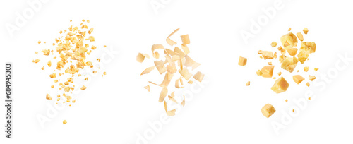 Parmesan cheese in small pieces on a white background in the air photo