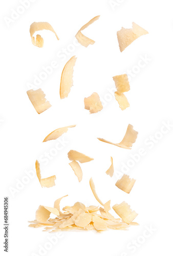 Parmesan cheese in drops on white background