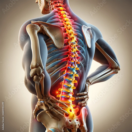 Anatomical illustration of a human spine with vertebrae experiencing pain, visualised using vibrant colors to indicate areas of discomfort