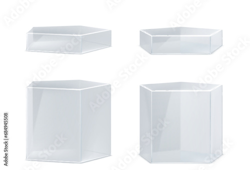Glass transparent pentagon product podiums of different height. Realistic vector set of plexiglass or plastic geometric stands for goods display. Empty clear crystal or acrylic pillar platform mockup.