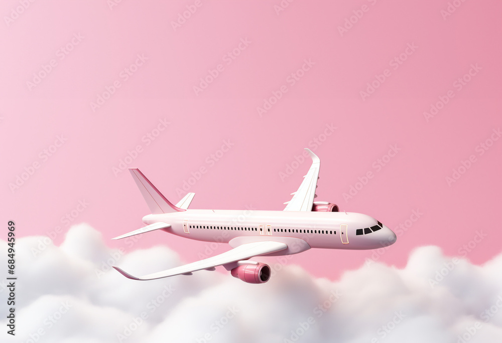 Pastel plane flying in the sky with clouds