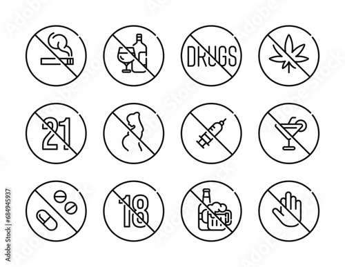 Prohibition drugs and alcohol symbol set vector. No drugs and alcohol sign symbol set vector