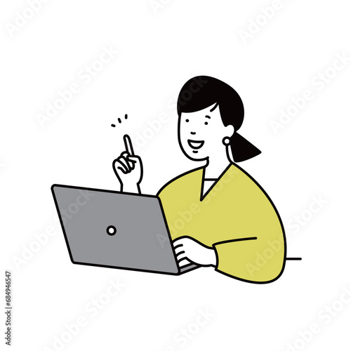 パソコン操作をしながら指差しをする女性おイラスト素材　副業 IT 主婦