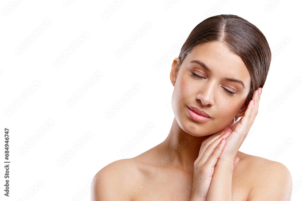 Skincare, natural beauty and woman with eyes closed isolated on a transparent png background. Cosmetics, aesthetic and person in spa facial treatment, hands manicure and sleep for healthy skin glow Skincare, natural beauty and woman with eyes closed isolated on a transparent png background. Cosmetics, aesthetic and person in spa facial treatment, hands manicure and sleep for healthy skin glow