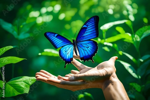 nature and wildife concept blue butterfly sitting on women hand in green nature background with copy space- photo