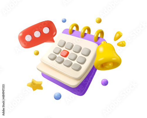 Vector 3d calendar icon. Notification bell and speech bubble, event reminder design. Cartoon render abstract agenda mockup isolated on white background, deadline day concept