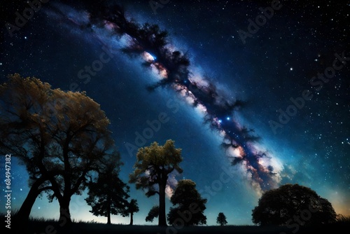 Beautiful night sky, the Milky Way and the trees.