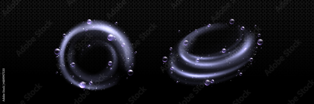Water swirls with foam bubbles set isolated on transparent background. Vector realistic illustration of shampoo, soap, washing detergent vortex, circular whirlwind wave, fizzy twirl with oxygen balls - obrazy, fototapety, plakaty 