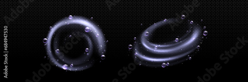 Water swirls with foam bubbles set isolated on transparent background. Vector realistic illustration of shampoo, soap, washing detergent vortex, circular whirlwind wave, fizzy twirl with oxygen balls