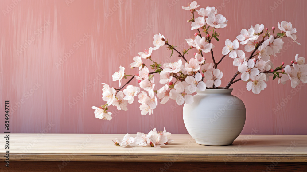 a white vase filled with pink flowers on top of a wooden table on pink wall