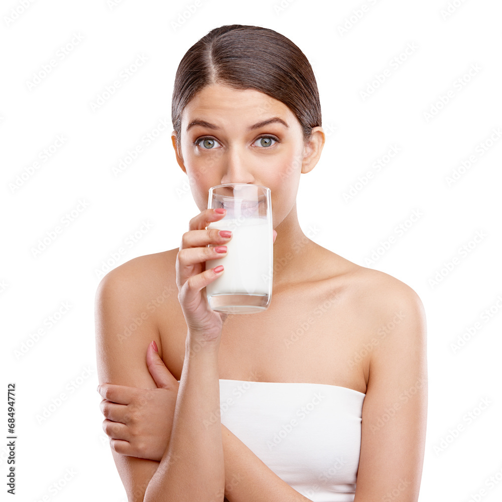 Isolated woman, glass and milk in portrait for diet, calcium and wellness by transparent png background. Girl, model and nutrition with vanilla milkshake, protein shake or liquid for health benefits Isolated woman, glass and milk in portrait for diet, calcium and wellness by transparent png background. Girl, model and nutrition with vanilla milkshake, protein shake or liquid for health benefits