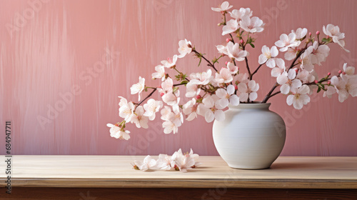 a white vase filled with pink flowers on top of a wooden table on pink wall