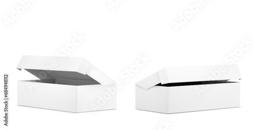 White open cardboard box mockup. Realistic vector illustration set of blank carton package for delivery or gift concept. Rectangular paper pack mock up for corporate and brand presentation.