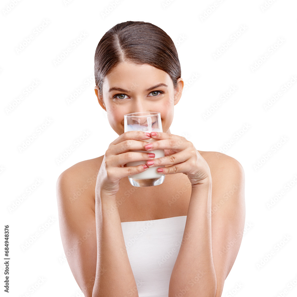Isolated woman, drink and milk in portrait for diet, calcium and wellness by transparent png background. Girl, model and nutrition with vanilla milkshake, protein shake or happy for health benefits Isolated woman, drink and milk in portrait for diet, calcium and wellness by transparent png background. Girl, model and nutrition with vanilla milkshake, protein shake or happy for health benefits