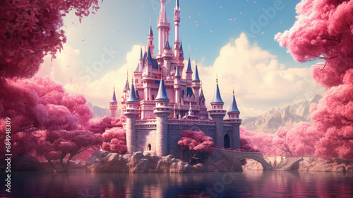 a beautiful fairytale castle illustration with pink trees  notre dame cathedral