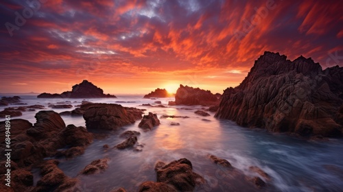 Natural view of rocky beach in the morning sunrise.