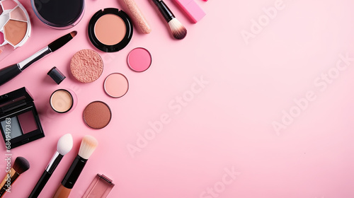 eyeshadow palette lipstick compact powder blush false eyelashes makeup brushes mascara lip gloss beauty blender nail polish onpink background with blank space for text, top view