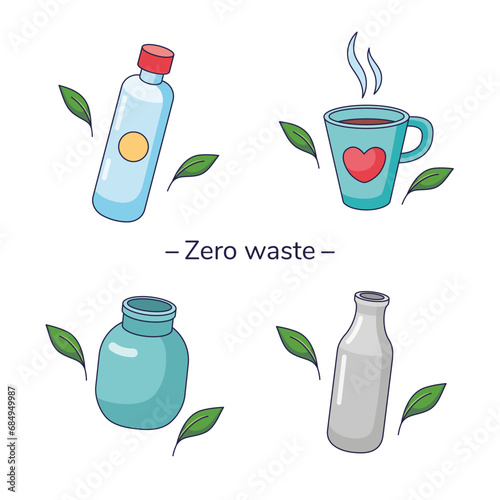 Set of eco friendly tableware items - ceramic mug, reusable glass jars. Zero waste concept. Vector illustration in cartoon style