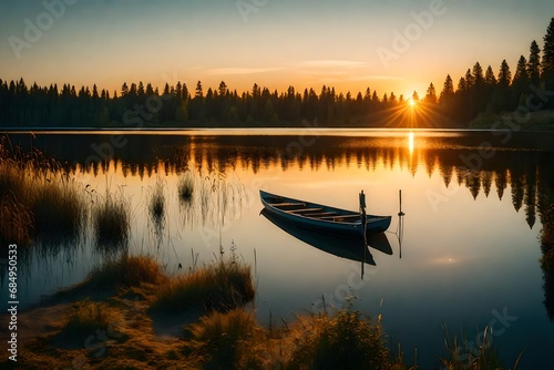 sunset at coast of the lake. Nature landscape. Nature in northern Europe. 