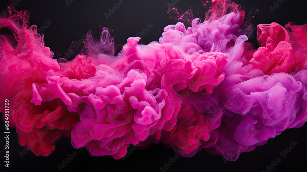  magenta and pink fluffy pastel ink smoke cloud on black background. pink rose petals smokes
