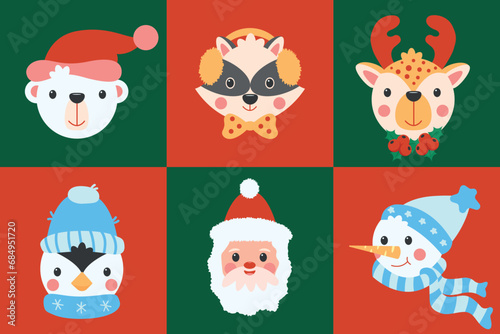 Set of Cute New year and christmas kawaii characters - polar bear, raccoon, deer, penguin, Santa Clause, snowman for postcard, greeting card, logo, poster for design kids room 