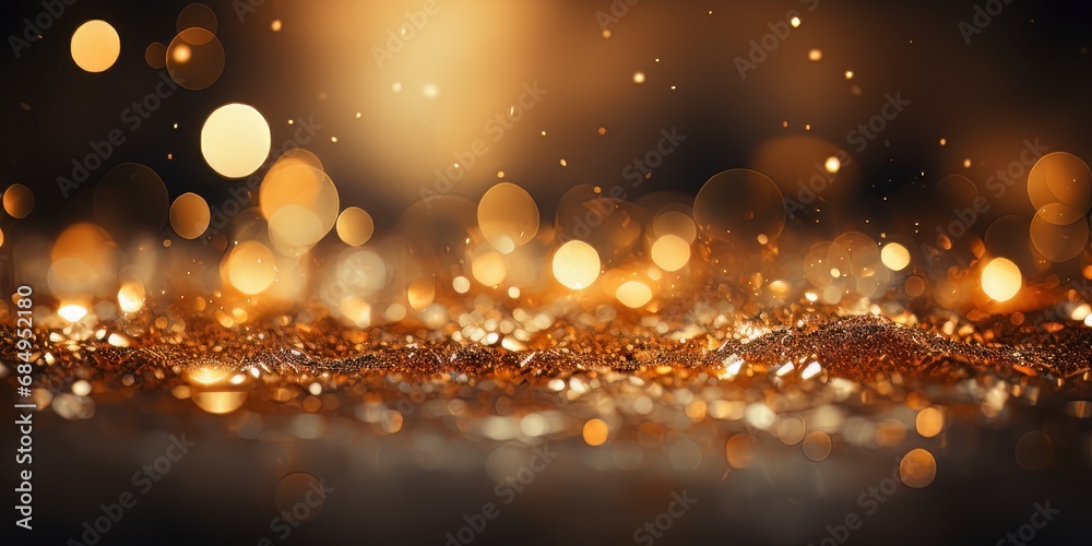 a black background with golden sparkles, bokeh, gold and amber