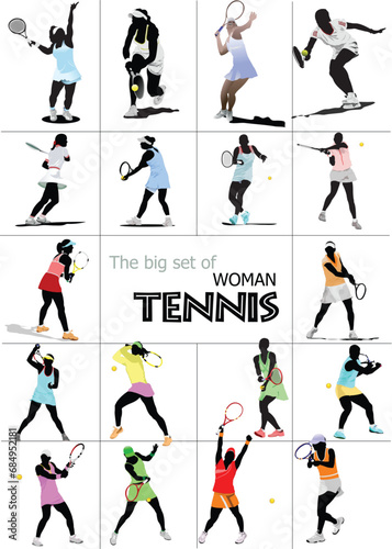 Big set of Woman Tennis player. Colored Vector illustration for designers