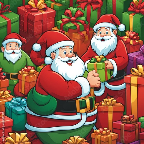 Cute cartoon santa and elves surrounded by presents christmas theme
