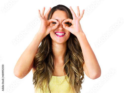 Woman, okay sign and hands with portrait for agreement, happy and support with good or positive review. Model, smile and face with yes emoji for perfect and isolated on transparent png background photo