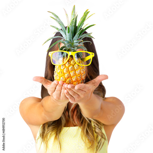 Εκτύπωση καμβά Sunglasses, pineapple and hands of young woman with comic, funny or goofy joke for natural diet