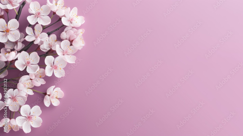 Bouquet of Cherry Blossom flowers on a Pastel Purple background. Beautiful spring flowers. Copy space. Happy Women's Day, Mother's Day, Valentine's Day, Easter. Card.