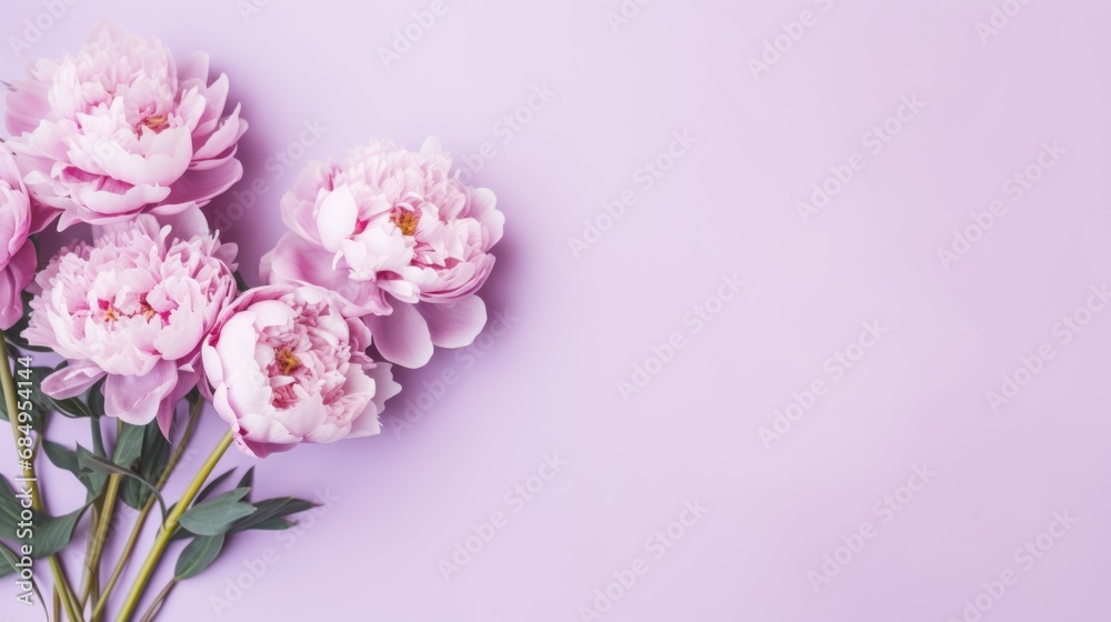 Bouquet of Peony flowers on a Pastel Purple background. Beautiful spring flowers. Copy space. Happy Women's Day, Mother's Day, Valentine's Day, Easter. Card.