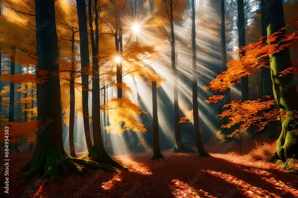 Autumn forest nature. Vivid morning in colorful forest with sun rays through branches of trees. 