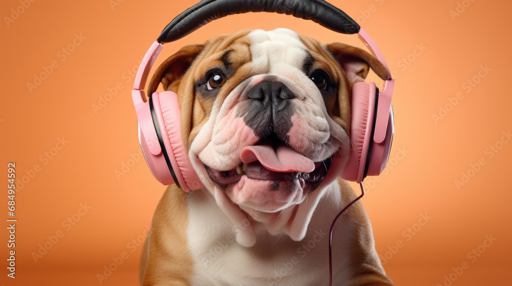 bulldog wearing sport stylish clothes and listening to music in headphoneson  pink studio background. Concept of animals,