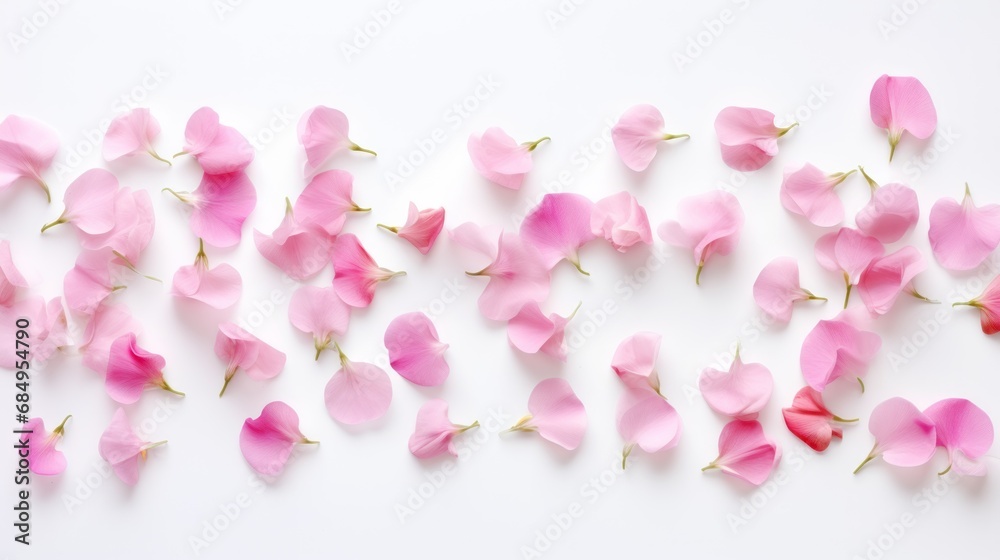 Obraz premium Petals of Sweet Pea flowers on a White background. Beautiful spring flowers. Happy Women's Day, Mother's Day, Valentine's Day, Easter. Card.