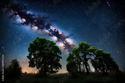 Beautiful night sky, the Milky Way and the trees. 