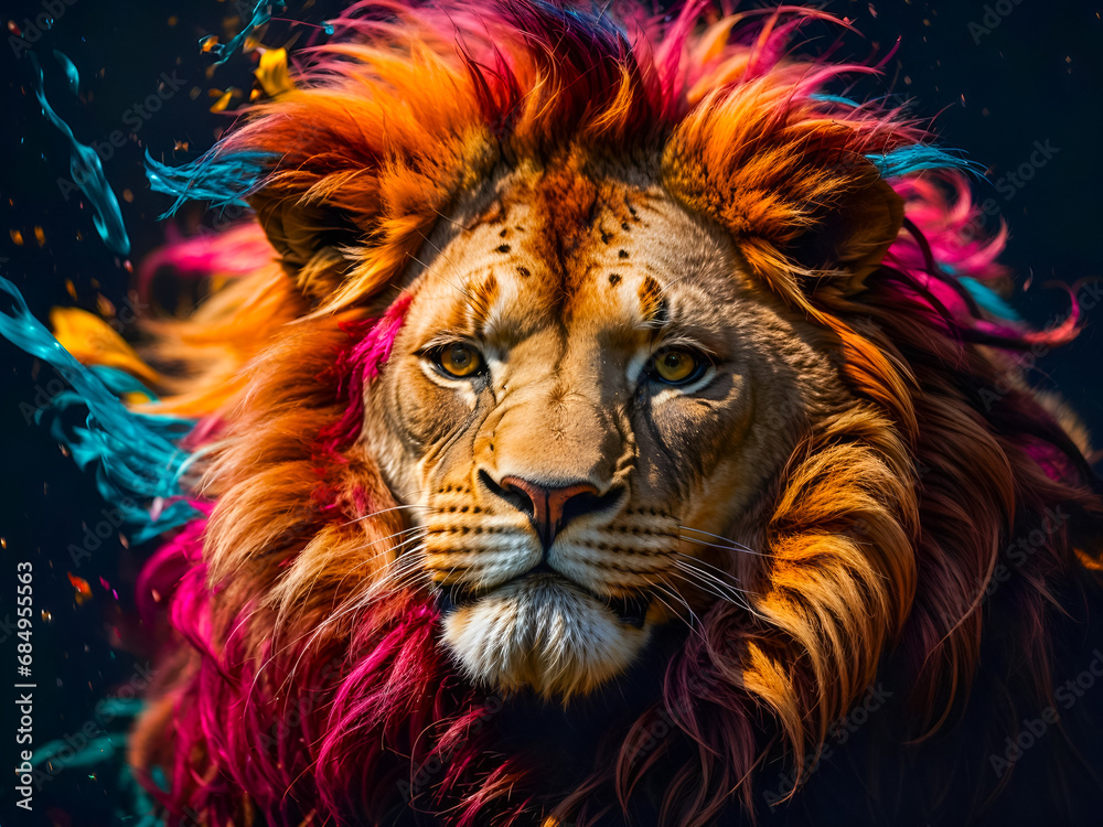 Creative lion's face, merging realistic features with abstract colored splashes