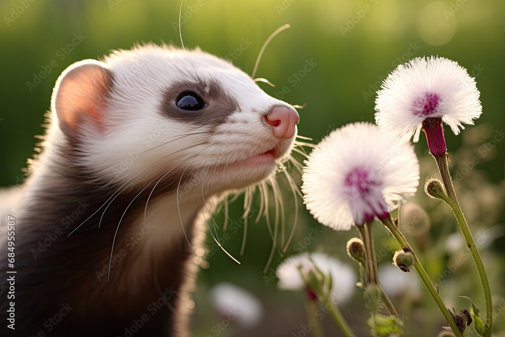 home ferret outside with dendelion flower home ferret outside with dendelion flower