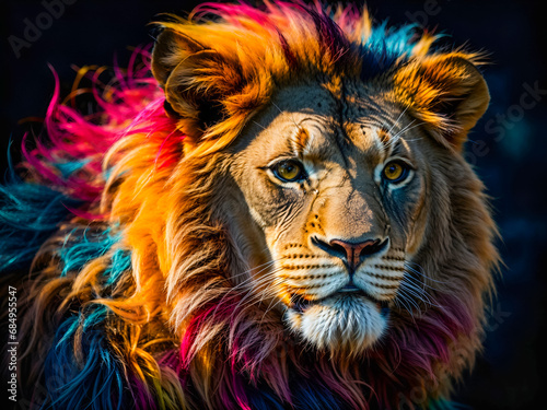 Creative lion s face  merging realistic features with abstract colored splashes