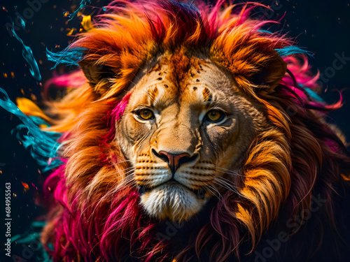 Creative lion s face  merging realistic features with abstract colored splashes