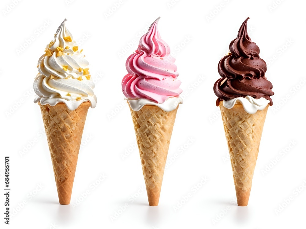 Set of different delicious soft serve ice creams in crispy cones on